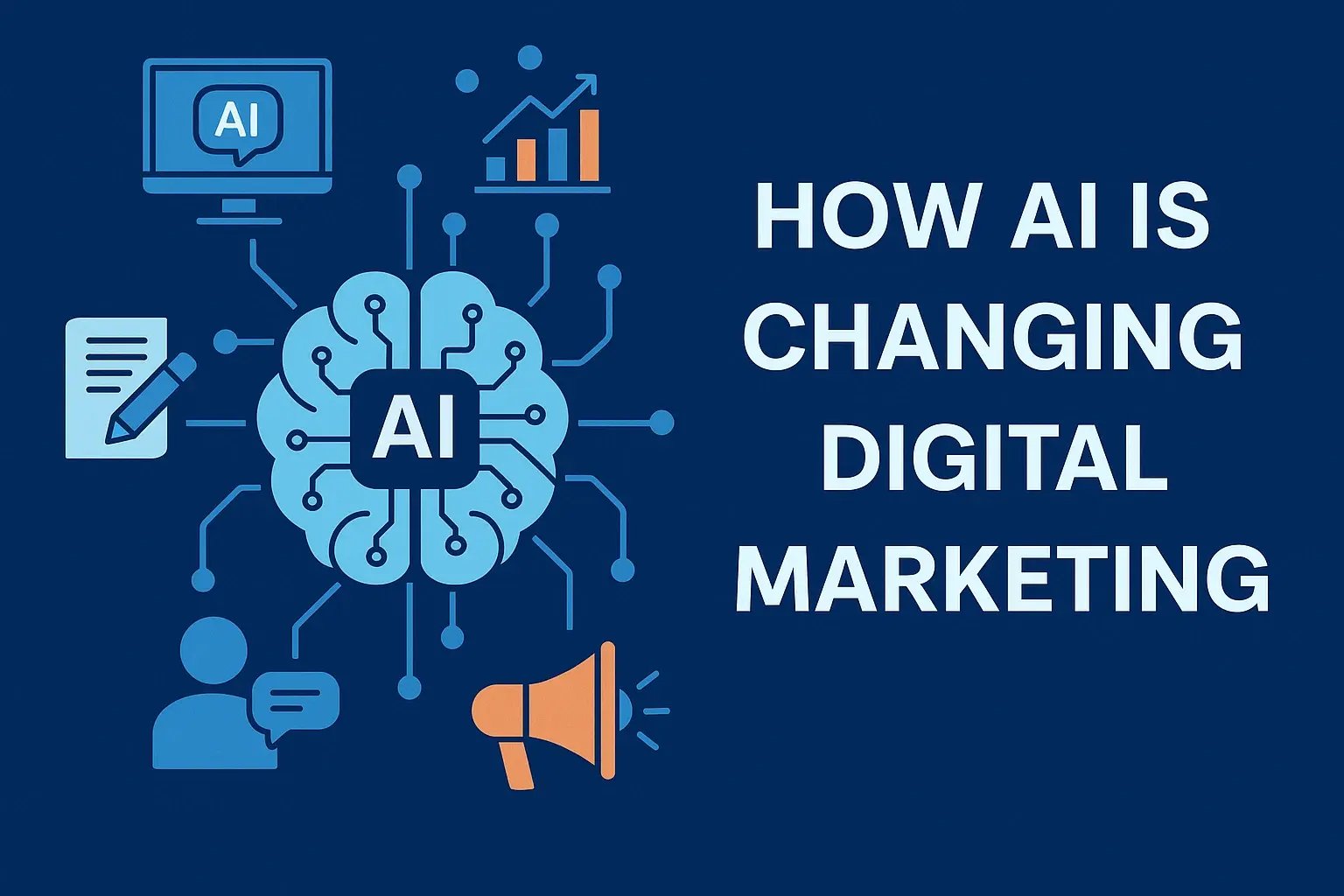 A vibrant digital illustration representing AI in marketing, featuring abstract elements like chat bubbles, analytics graphs, and creative tools, symbolizing the integration of technology and creativity in modern digital strategies.
